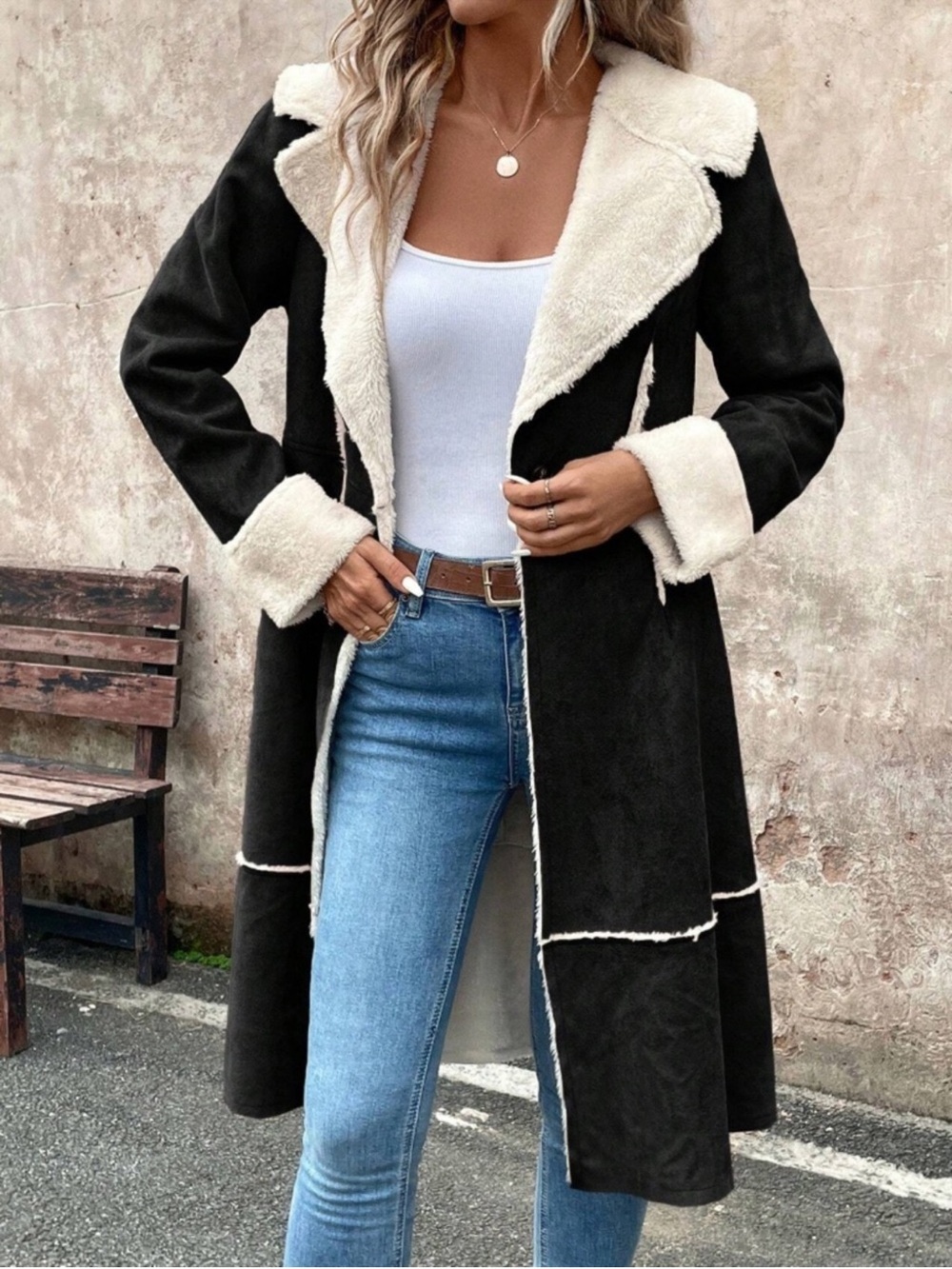Classic Vegan Suede Teddy Lined Button Wide Collar Jacket